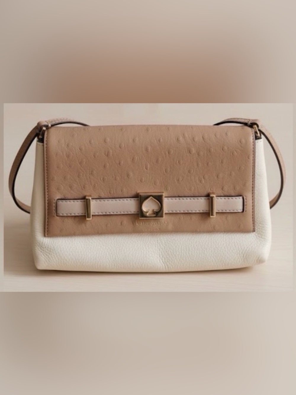 Kate Spade Houston Street Loula Ostrich Embossed Tan and Cream Crossbody Bag EUC